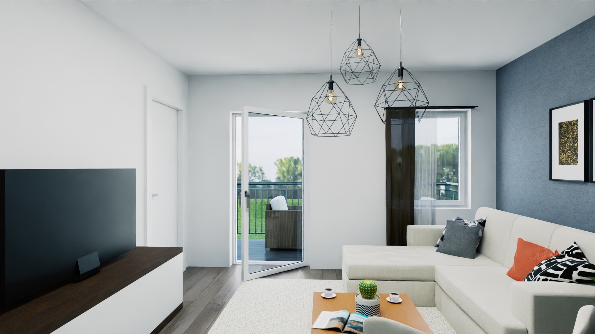 Modernes Wohnzimmer mit Balkon und Sofa.