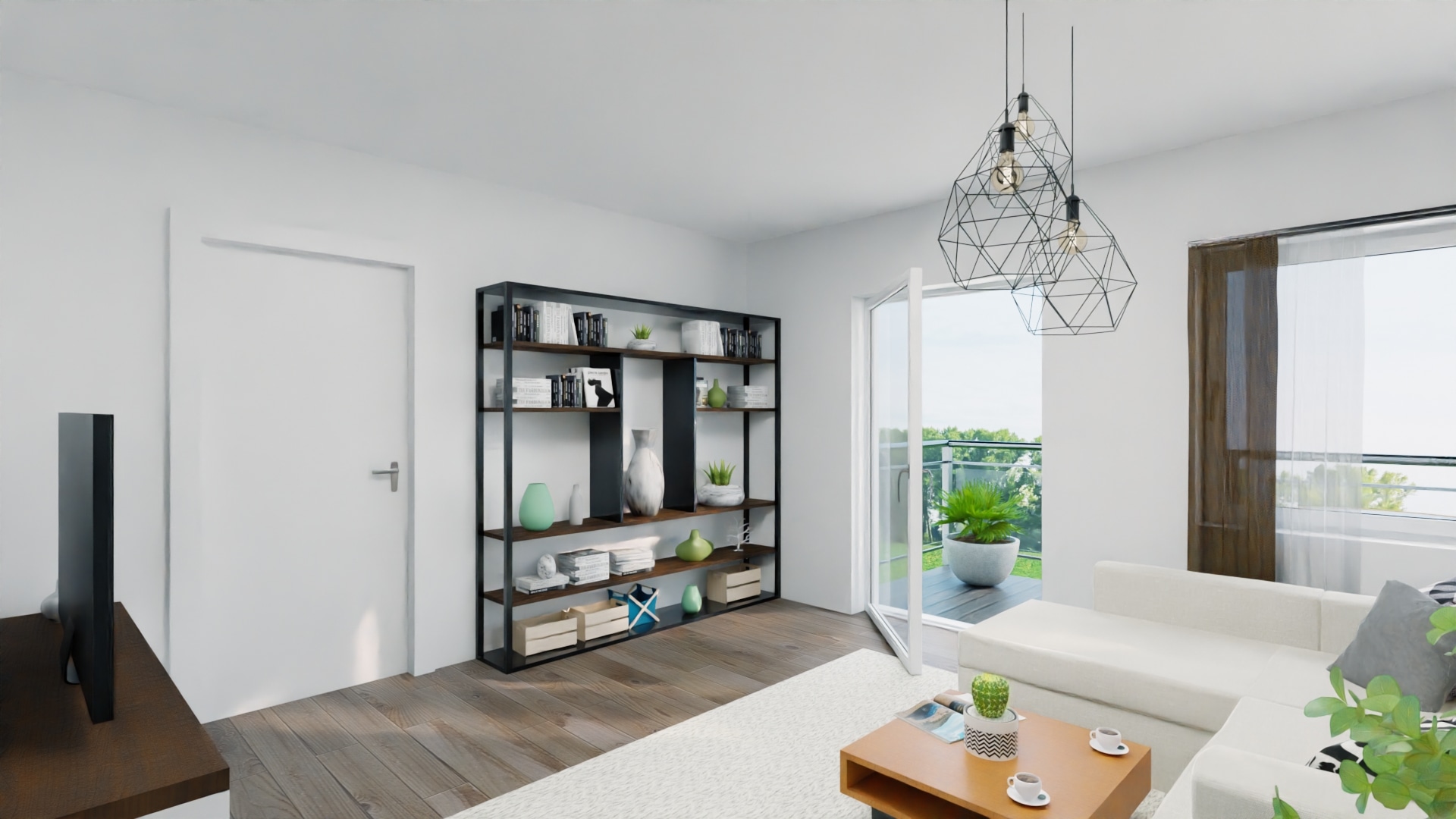 Modernes Wohnzimmer mit Balkon und Bücherregal.