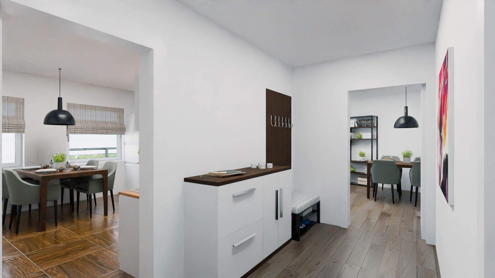 Moderne Wohnung mit Esstischen.