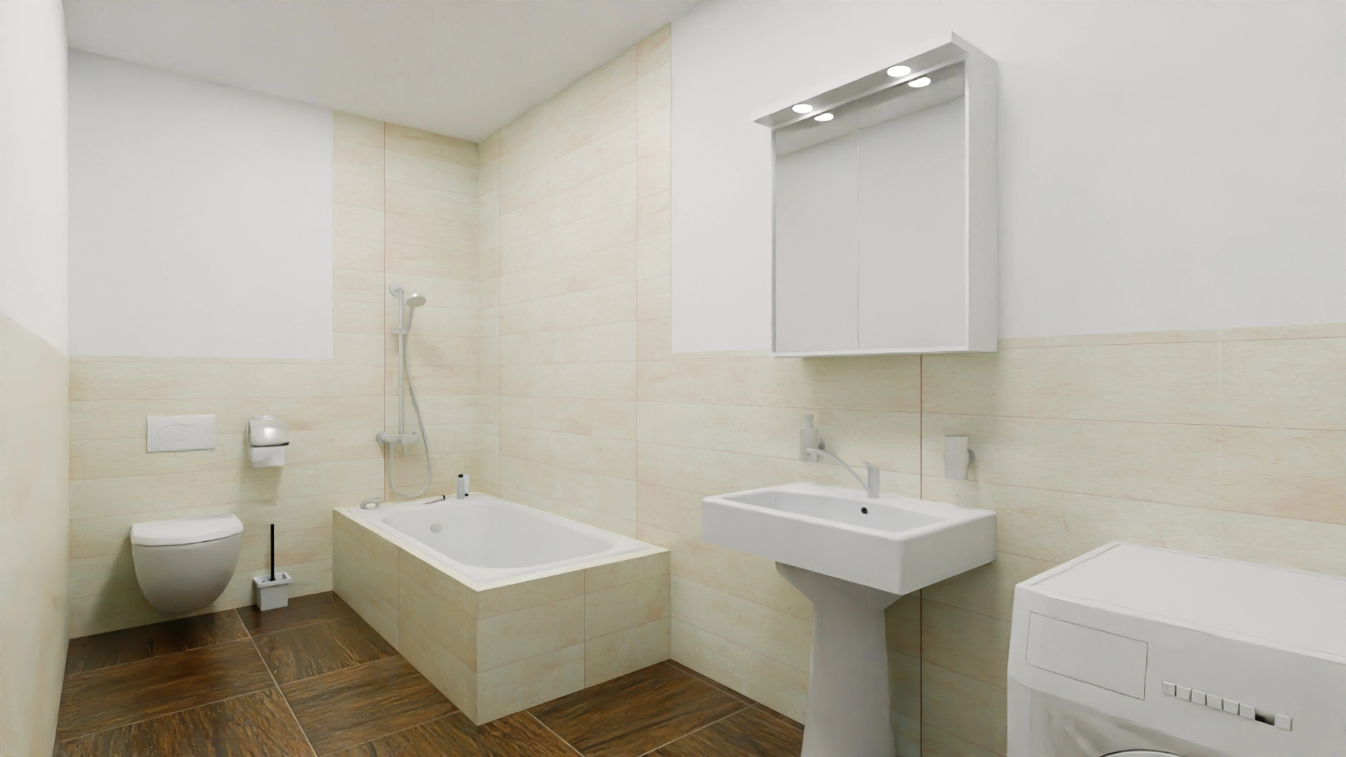 Modernes Badezimmer mit Badewanne und Waschmaschine.