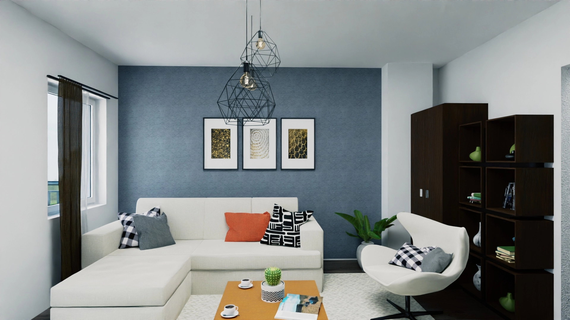 Modernes Wohnzimmer mit Sofa und Regalen