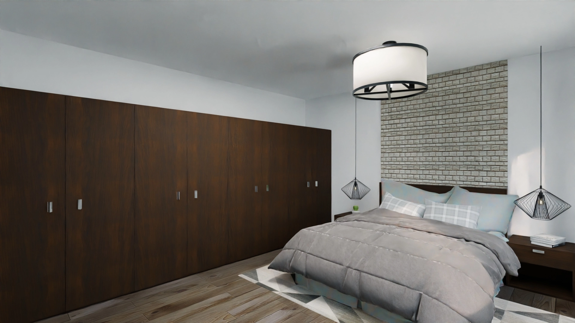 Modernes Schlafzimmer mit Bett und Kleiderschrank