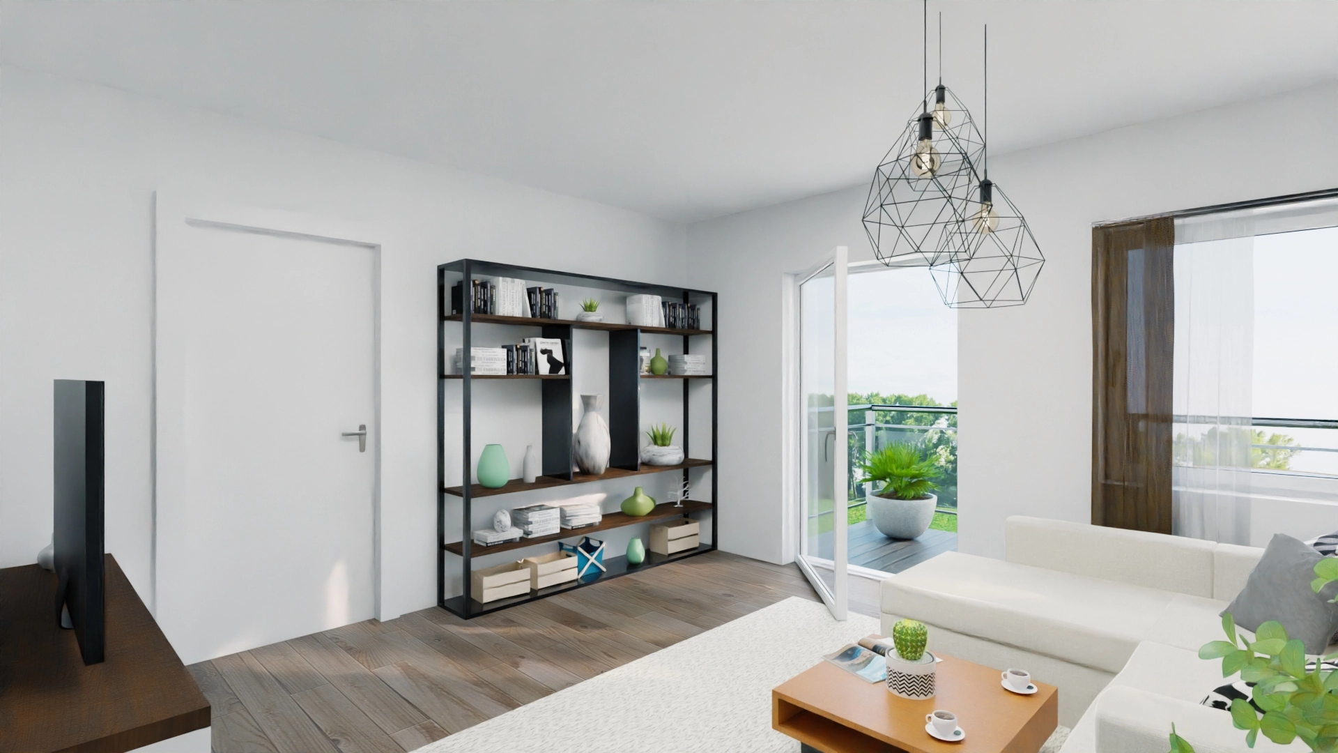 Modernes Wohnzimmer mit Balkon und Bücherregal.