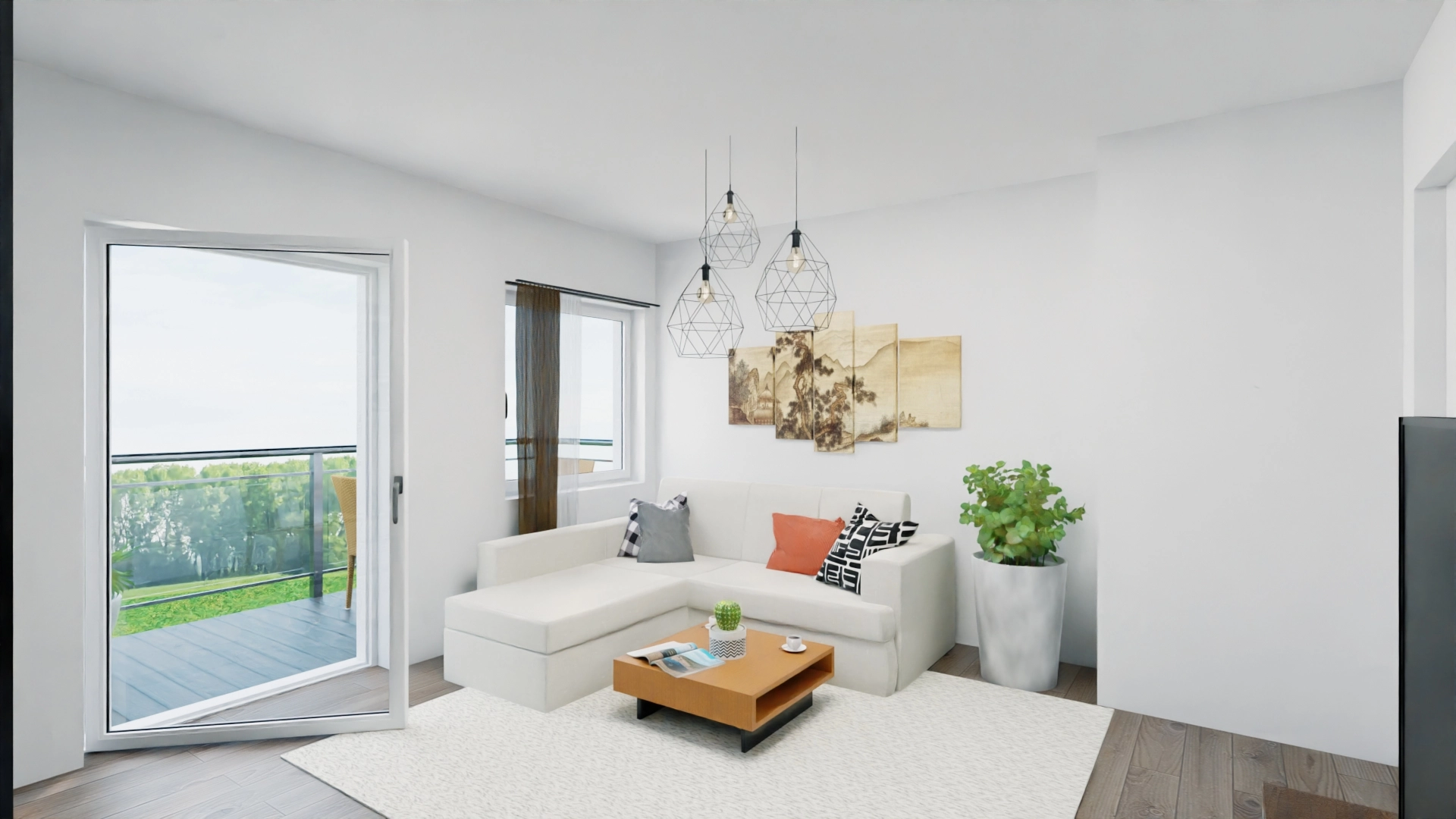 Modernes Wohnzimmer mit Balkonblick