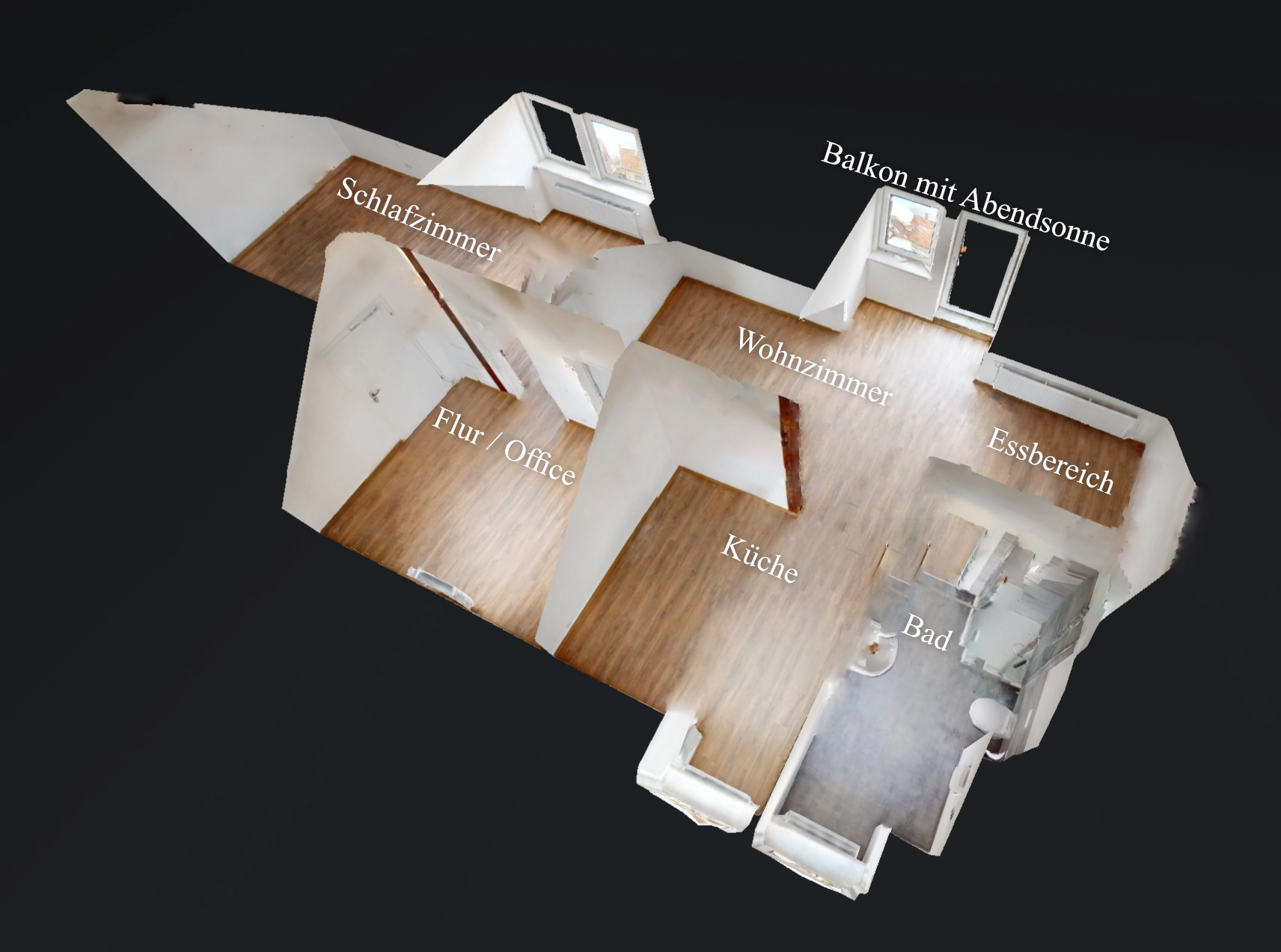 3D-Grundriss einer Wohnung mit Balkon